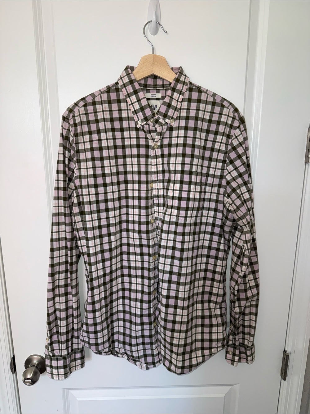 GAP Plaid Button-Down Shirt in Pink and Olive